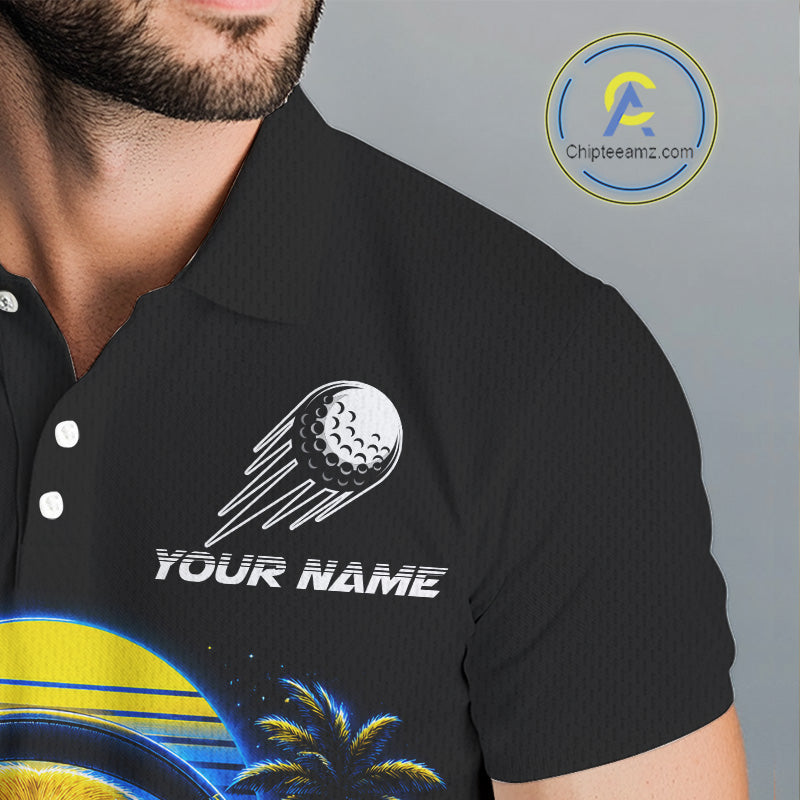Personalized Golden Retriever Golf Shirt, Neon Blue Cyberpunk Dog Golf Polo Shirt For Men