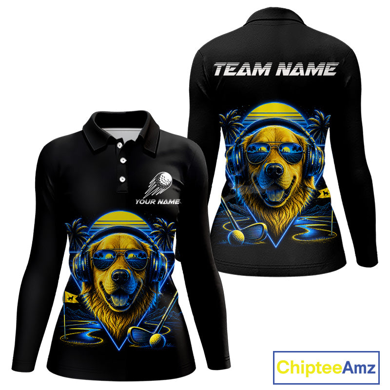 Personalized Golden Retriever Golf Shirt, Neon Blue Cyberpunk Dog Golf Polo Shirt For Womens