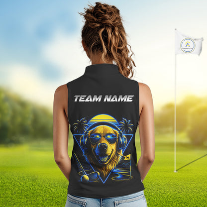 Personalized Golden Retriever Golf Shirt, Neon Blue Cyberpunk Dog Womens Sleeveless Golf Polo Shirt