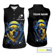 Load image into Gallery viewer, Personalized Golden Retriever Golf Shirt, Neon Blue Cyberpunk Dog Womens Sleeveless Golf Polo Shirt