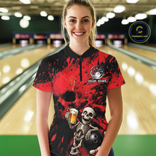 Load image into Gallery viewer, Person wearing a red and black bowling shirt with a skeleton design in a bowling alley.