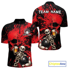Load image into Gallery viewer, Red and black bowling shirt with skeleton design and 'Team Name' text, featuring Chiptee Amz branding.