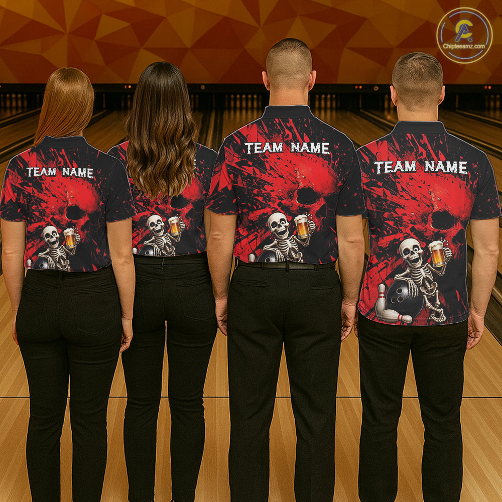 Custom Skeleton Beer Bowling Jersey, Red Splatter Skull Polo & Quarter-Zip Shirt Gift For Women NHT1165