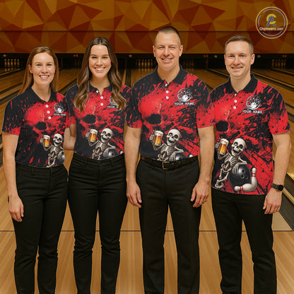 Custom Skeleton Beer Bowling Jersey, Red Splatter Skull Polo & Quarter-Zip Shirt Gift For Women NHT1165