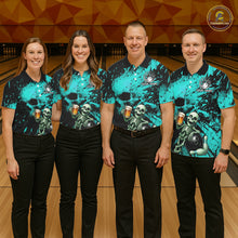 Load image into Gallery viewer, Custom Skeleton Beer Bowling Jersey, Turquoise Splatter Skull Polo &amp; Quarter-Zip Shirt Gift For Men NHT1166