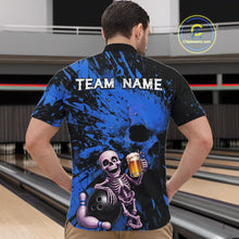 Load image into Gallery viewer, Person wearing a bowling shirt with a skeleton holding a beer and a bowling ball, in a bowling alley.