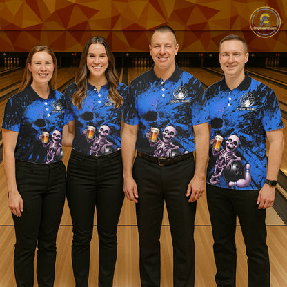 Custom Skeleton Beer Bowling Jersey, Blue Splatter Skull Polo & Quarter-Zip Shirt Gift For Women NHT1167