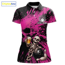 Load image into Gallery viewer, Custom Skeleton Beer Bowling Jersey, Pink Splatter Skull Polo &amp; Quarter-Zip Shirt Gift For Women 