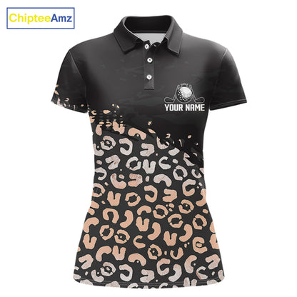 Custom Name Leopard Print Polo Shirt – Stylish Animal Print Golf Polo For Womens NHT855