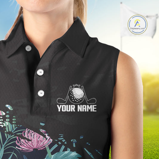 Custom Name Tropical Print Sleeveless Women Polo Shirt – Stylish Animal Print Golf Polo For Womens NHT856