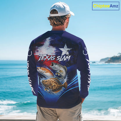 Texas Slam Redfish, Trout, Flounder Custom Fishing Shirts Long Sleeve, Texas Flag Fishing Shirt NHT505