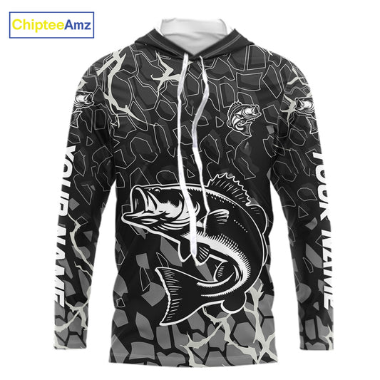 Custom Bass Fishing Black Camo Long Sleeve Hooded Fishing Shirts, Personalized Bass Fishing Jerseys NHT507