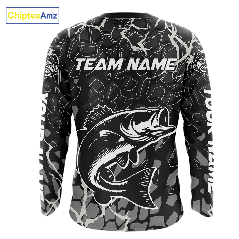 Custom Bass Fishing Black Camo Long Sleeve Fishing Shirts, Personalized Bass Fishing Jerseys NHT507