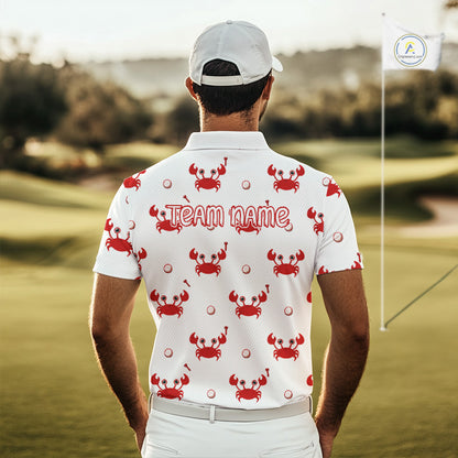 Custom Crab Mens Golf Polo Shirt - Personalized Cute Red Crab Team Name Jersey