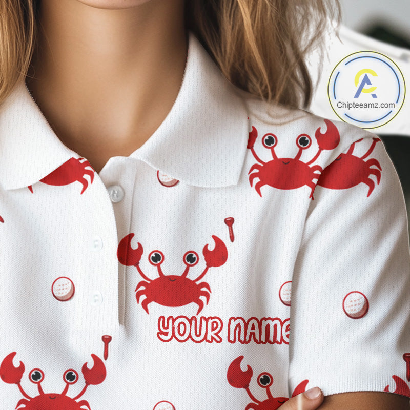 White shirt with red crab patterns and 'Your Name' text, brand logo visible