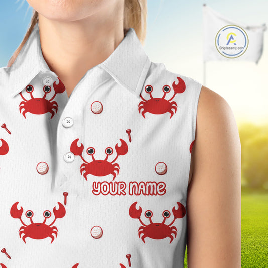 Custom Crab Womens Sleeveless Golf Polo Shirt - Personalized Cute Red Crab Team Name Jersey