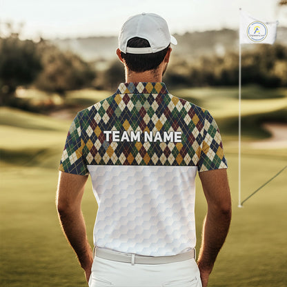 Person on a golf course wearing a patterned shirt with 'TEAM NAME' text