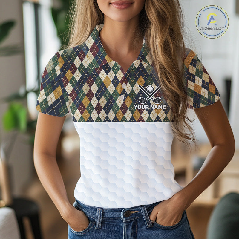Person wearing a customizable sports jersey with argyle pattern and brand logo.