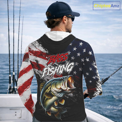 American Flag Bass Hooded Fishing Shirt For Men, Personalized Largemouth Bass Fishing Apparel