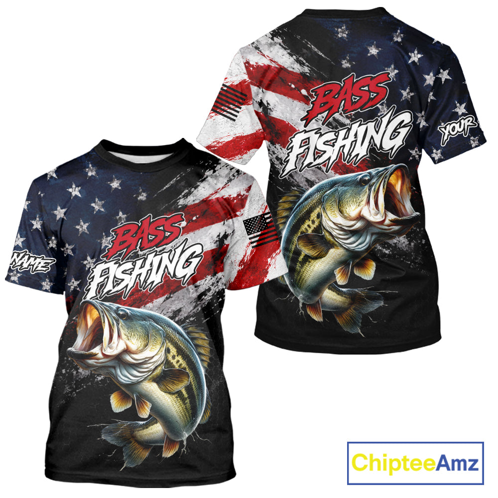 American Flag Bass Fishing T-Shirt For Men, Personalized Largemouth Bass Fishing Apparel