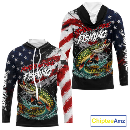 American Flag Northern Pike Hooded Fishing Shirt For Men, Personalized Northern Pike Fishing Apparel