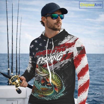 American Flag Northern Pike Hooded Fishing Shirt For Men, Personalized Northern Pike Fishing Apparel NHT1024