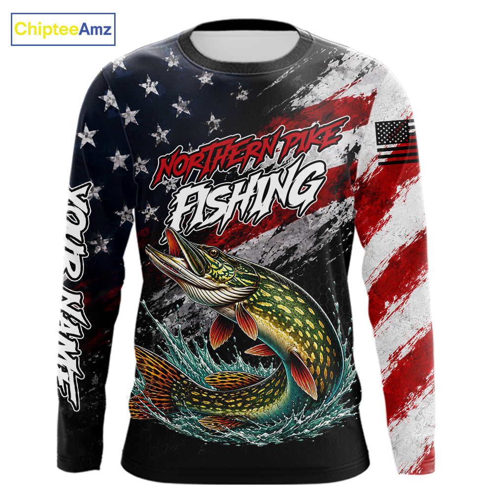 American Flag Northern Pike Fishing Shirt For Men, Personalized Northern Pike Fishing Apparel