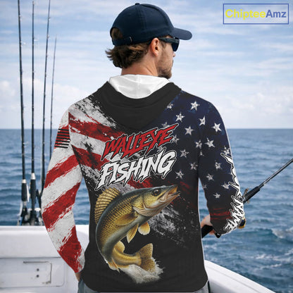 American Flag Walleye Hooded Fishing Shirt For Men, Personalized Walleye Fishing Apparel