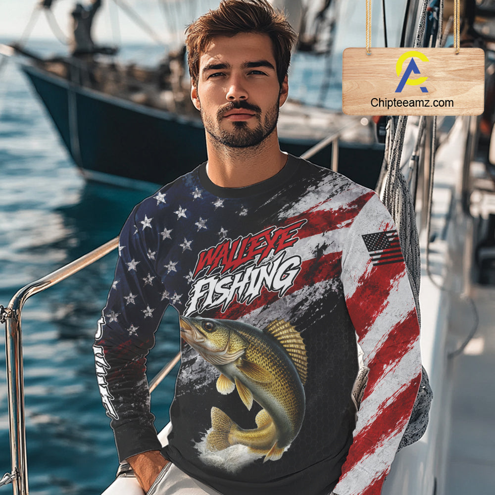 American Flag Walleye Fishing Shirt For Men, Personalized Walleye Fishing Apparel