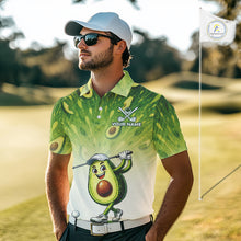 Load image into Gallery viewer, Man wearing a novelty avocado-themed golf shirt on a golf course