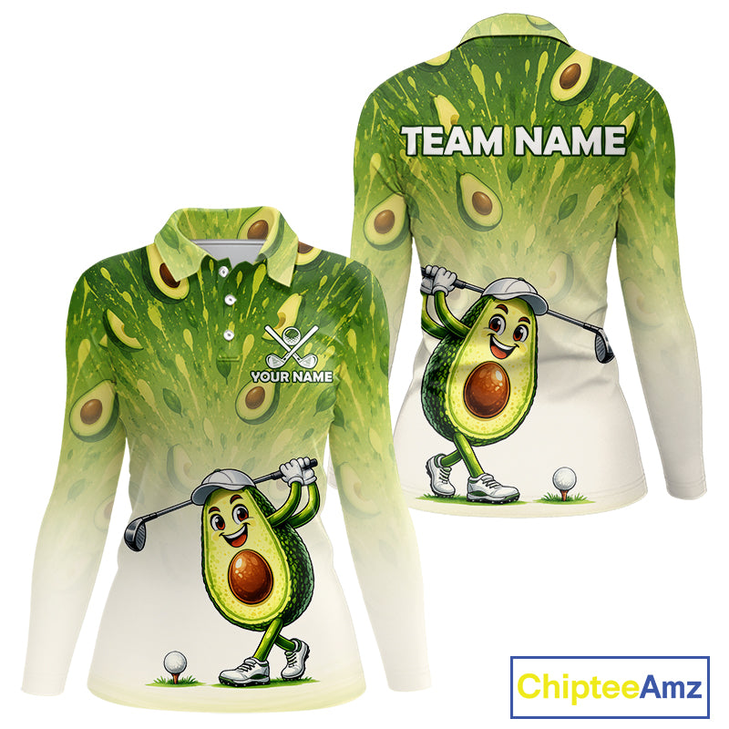 Avocado-themed golf shirt with cartoon character and customizable text on a white background
