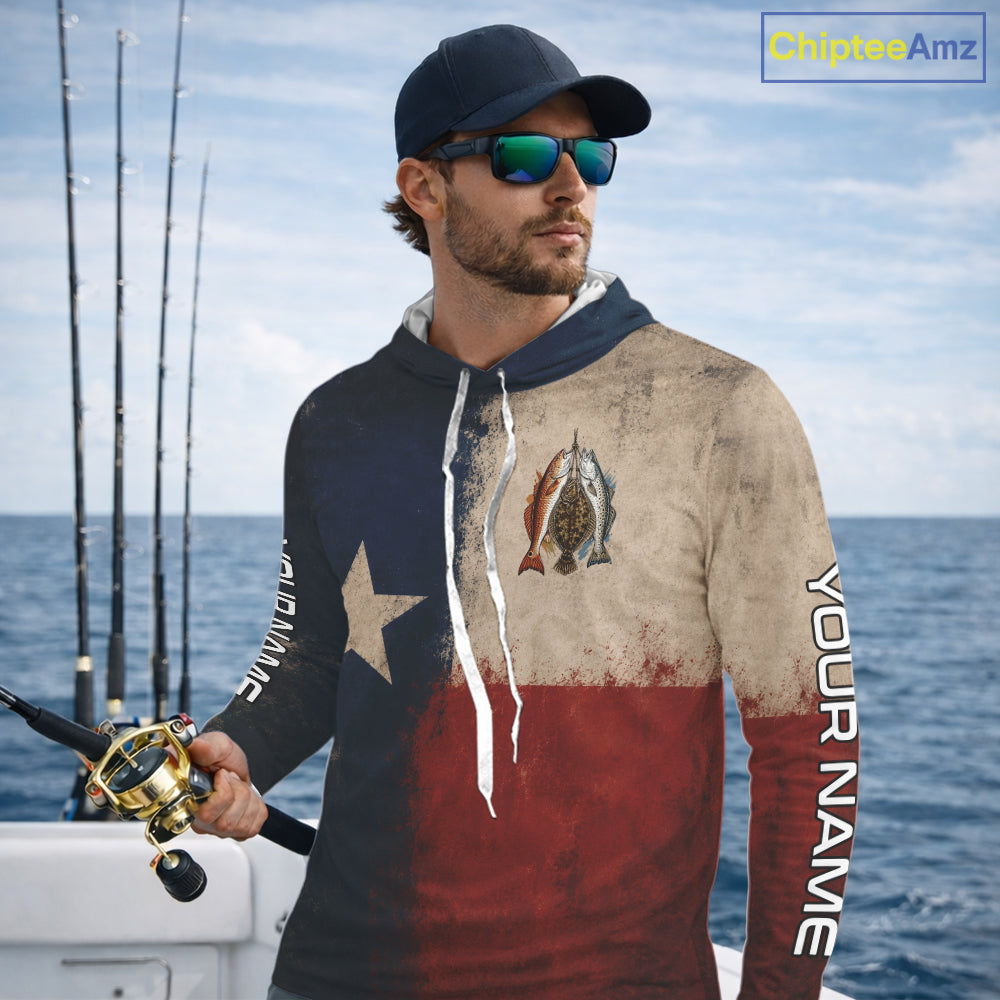 Texas Slam Speckled Trout Flounder Redfish Hooded Fishing Shirt, Texas Flag UV Performance Fishing Apparel 