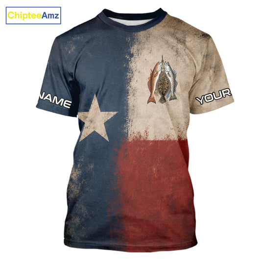 Texas Slam Speckled Trout Flounder Redfish Short Sleeve Fishing T-Shirts , Texas Flag UV Performance Fishing Apparel 