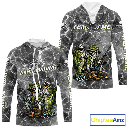Custom Camo Gray Fish Reaper Skull Bass Hooded Long Sleeve Fishing Shirt, Bass Hunter Fishing Jerseys NHT678