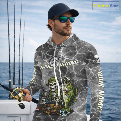 Custom Camo Gray Fish Reaper Skull Bass Hooded Long Sleeve Fishing Shirt, Bass Hunter Fishing Jerseys NHT678