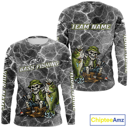 Custom Camo Gray Fish Reaper Skull Bass Long Sleeve Fishing Shirt, Bass Hunter Fishing Jerseys NHT678