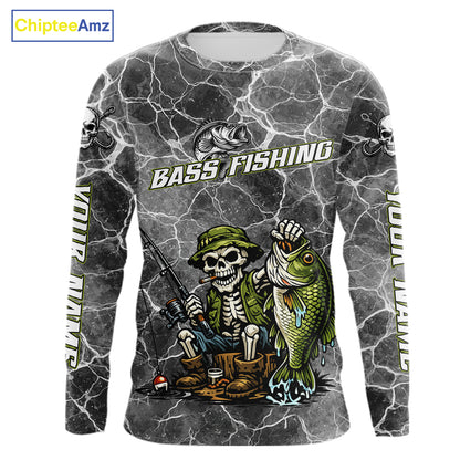 Custom Camo Gray Fish Reaper Skull Bass Long Sleeve Fishing Shirt, Bass Hunter Fishing Jerseys NHT678