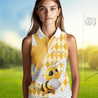 Personalized Bee Womens Sleeveless Golf Polo Shirt Argyle Golf Shirt Custom Name Golfer Shirt Golf Gift NHT687