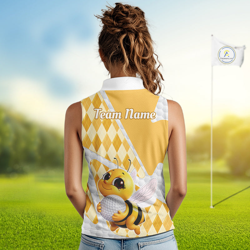 Personalized Bee Womens Sleeveless Golf Polo Shirt Argyle Golf Shirt Custom Name Golfer Shirt Golf Gift NHT687