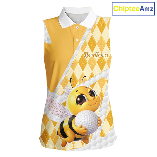 Personalized Bee Womens Sleeveless Golf Polo Shirt Argyle Golf Shirt Custom Name Golfer Shirt Golf Gift NHT687