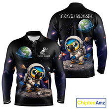 Load image into Gallery viewer, Cute space bird printed mens golf polo shirt, personalized astronaut parrot design, side view.