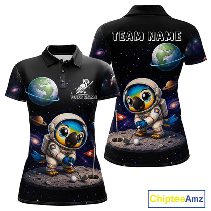 Personalized astronaut parrot womens golf polo shirt, cute space bird golf shirt, front view.