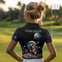 Load image into Gallery viewer, Cute space bird printed womens golf polo shirt, personalized astronaut parrot design, side view.