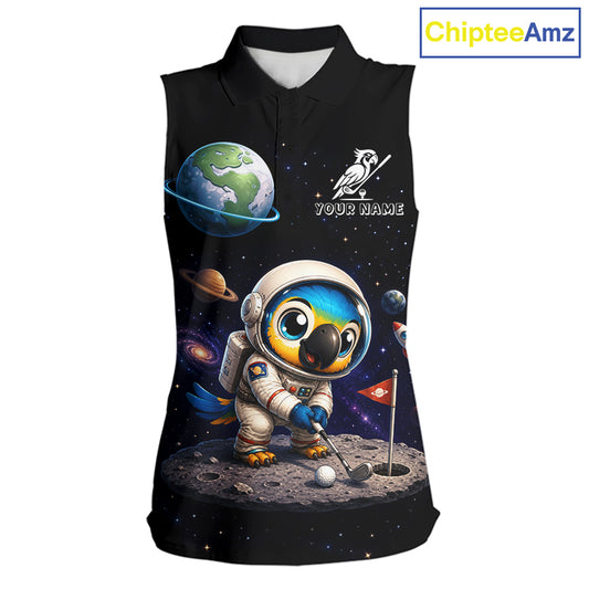 Personalized astronaut parrot womens sleeveless golf polo shirt, cute space bird print golf shirt, custom name team shirt front view.