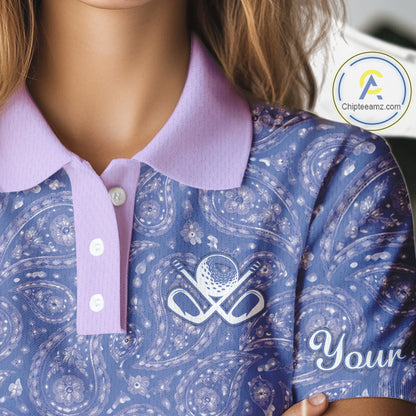 Custom Lavender Paisley Golf Polo For Womens, Personalized Women's Golf Shirt With Name For Mother's Day NHT695