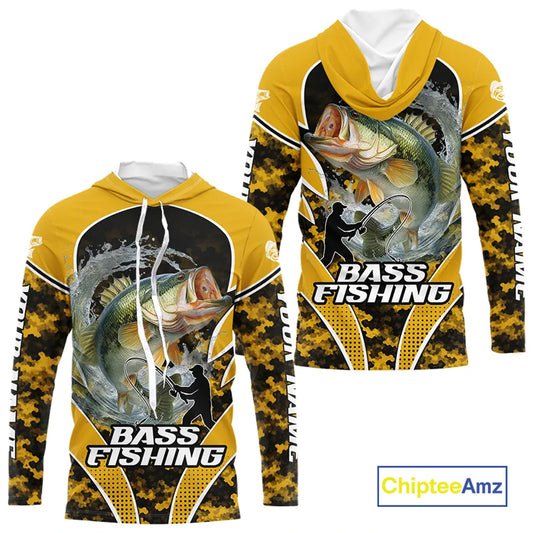 Personalized Bass Fishing Shirts Long Sleeve Hooded, UV Protection Shirt Customize Name | Yellow NHT396