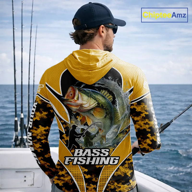 Personalized Bass Fishing Shirts Long Sleeve Hooded, UV Protection Shirt Customize Name | Yellow NHT396