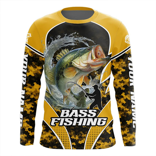 Personalized Bass Fishing Shirts Long Sleeve, UV Protection Shirt Customize Name Fishing | Yellow NHT396