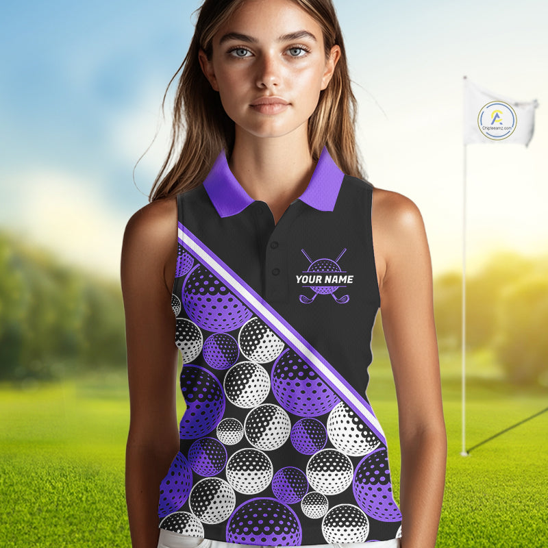 Golf Balls Purple Pattern Womens Sleeveless Golf Polo Shirts Custom Golf Apparel For Familly Team Shirt NHT710