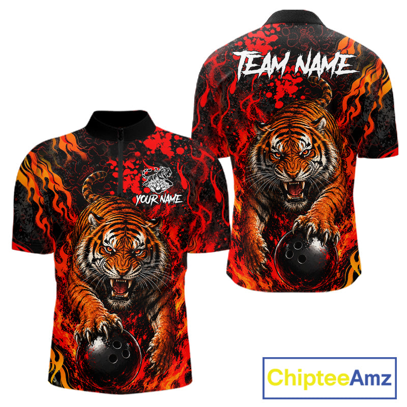 Tiger Bowling Polo Shirt Custom Name Team Quarter Zip Bowling Jersey For Men NHT1349